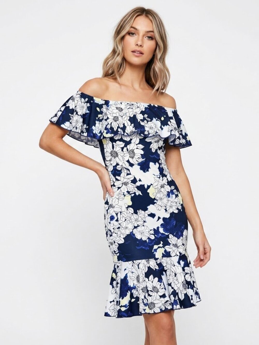 LuLaRoe Cici Mermaid Dress Size XXS Flounce Hem Blue Floral Stretch New